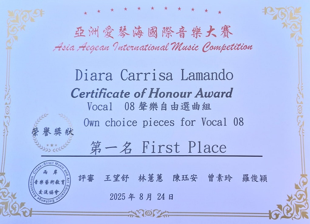 Diara Carrisa Lamando Juara 1 Aegan International Music Competition 2025 di Taiwan